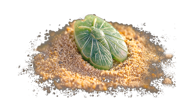 A small translucent moth amulet lies half-buried in the sand. A small translucent moth amulet lies half-buried in the sand.